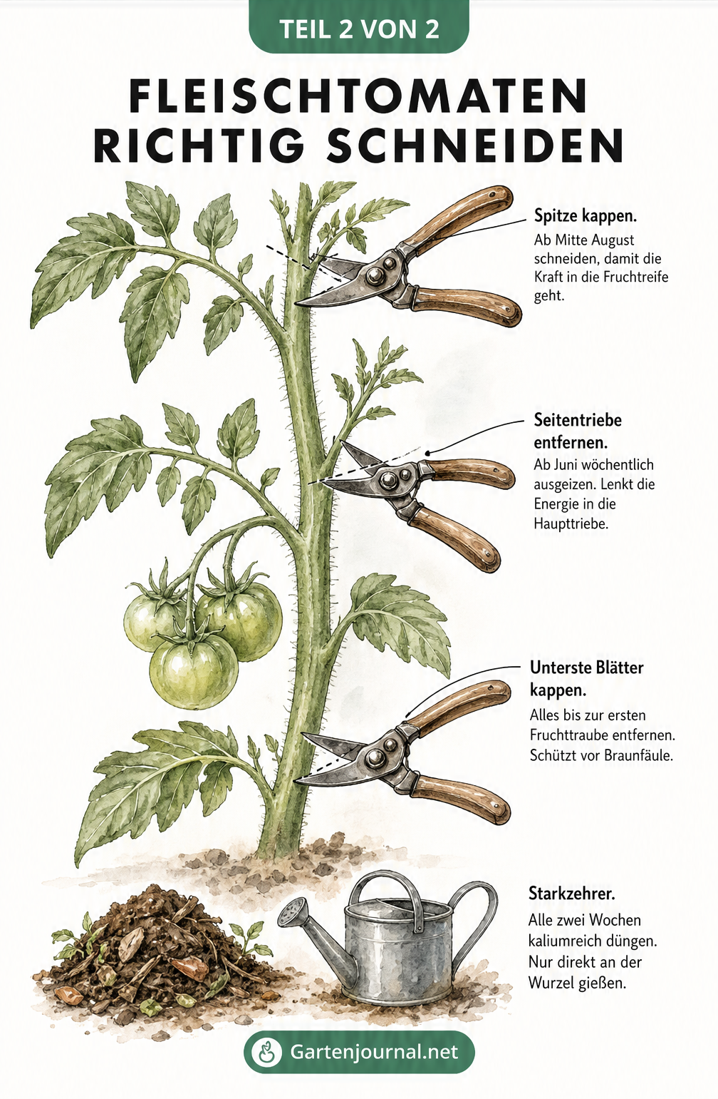 Detailzeichnung eines Tomatentriebs, an dem eine Gartenschere Seitentriebe und Blätter entfernt