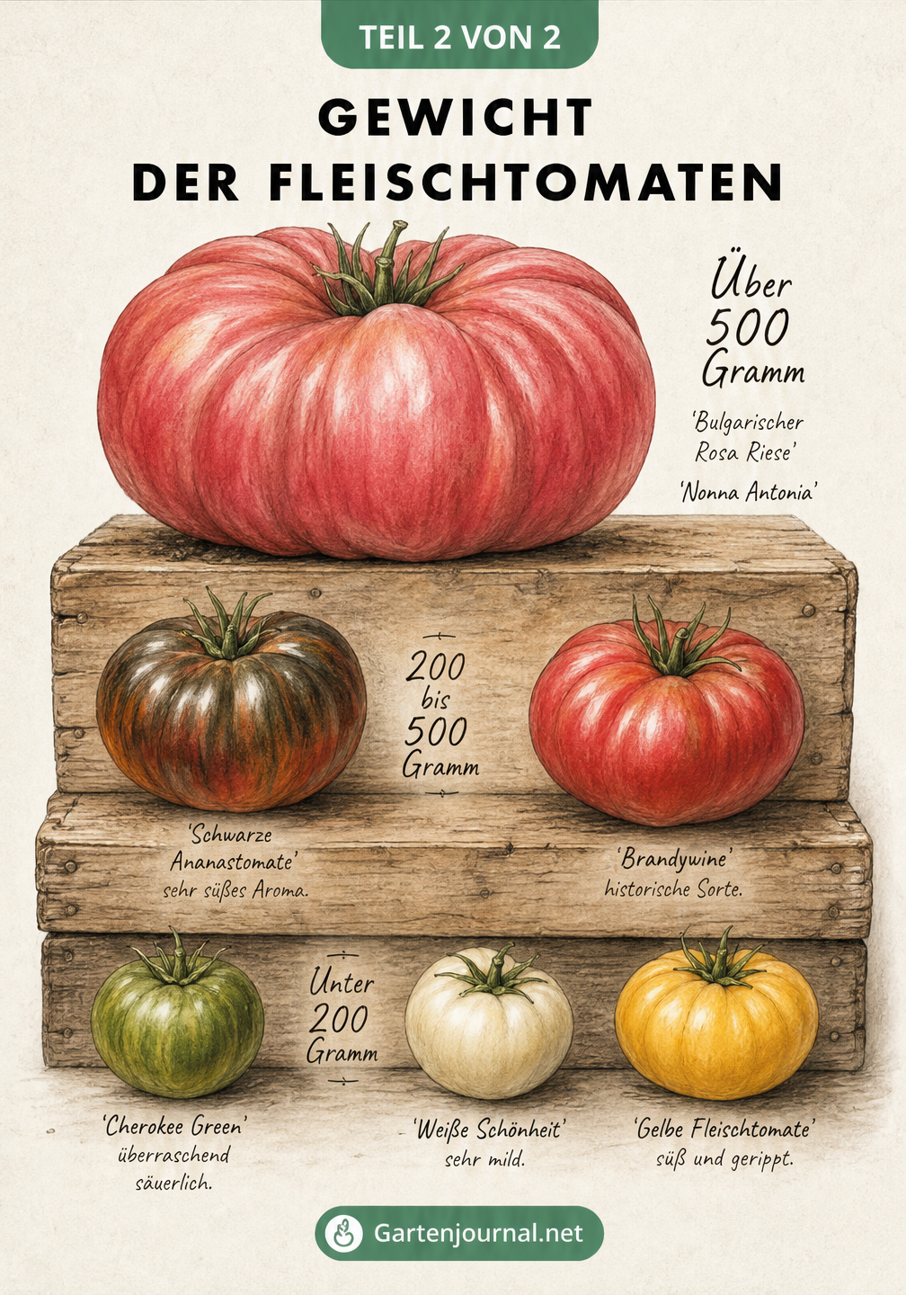 Illustration von Fleischtomaten auf Holzkisten, die den Größen- und Gewichtsunterschied von unter 200 Gramm bis über 500 Gramm zeigt