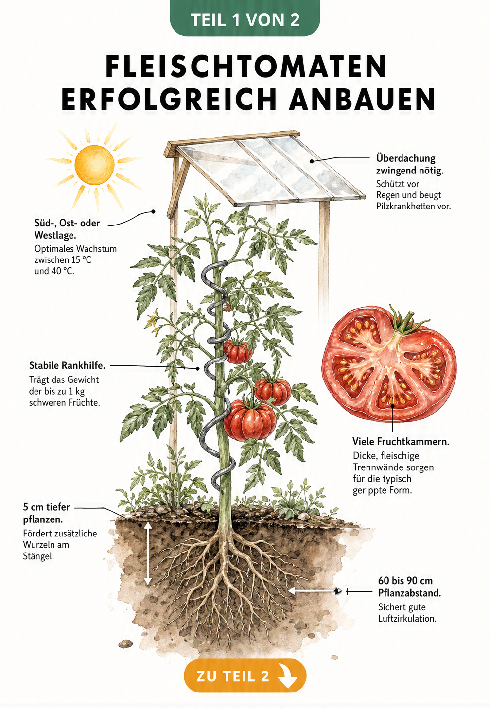 Querschnitt einer Fleischtomatenpflanze im Beet mit Wurzelwerk, Überdachung und Rankhilfe