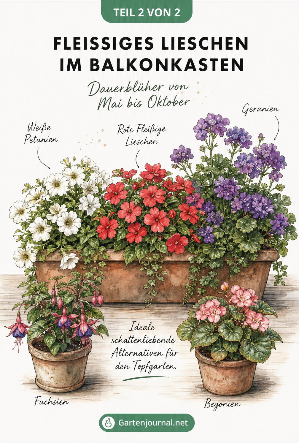 Aquarell-Zeichnung eines Balkonkastens mit Fleißigen Lieschen, Petunien und Geranien
