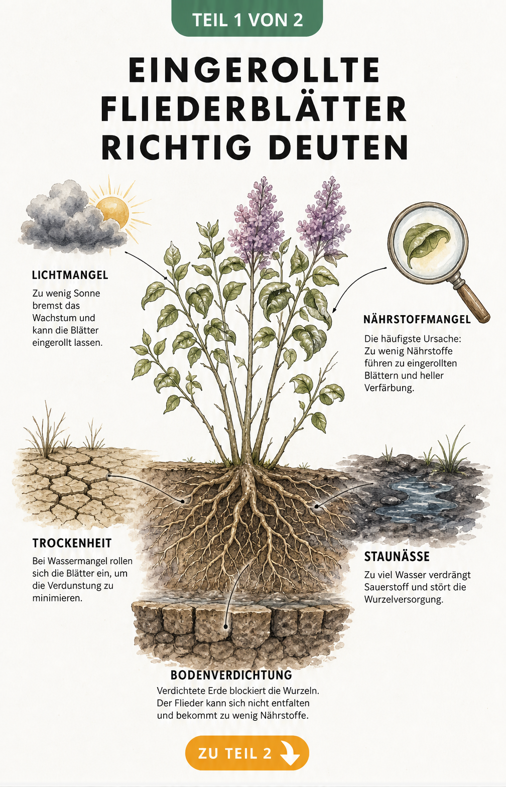 Botanische Illustration eines Fliederstrauchs, die Ursachen für eingerollte Blätter wie Lichtmangel, Nährstoffmangel, Trockenheit und Staunässe zeigt.