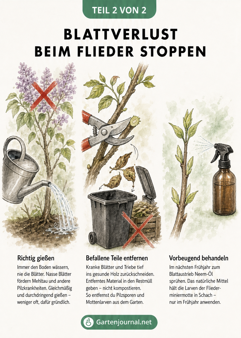 Skizzenhafte Darstellung von drei Maßnahmen gegen Blattverlust am Flieder: Richtiges Gießen ohne Blattbenetzung, Rückschnitt kranker Äste und Einsatz von...