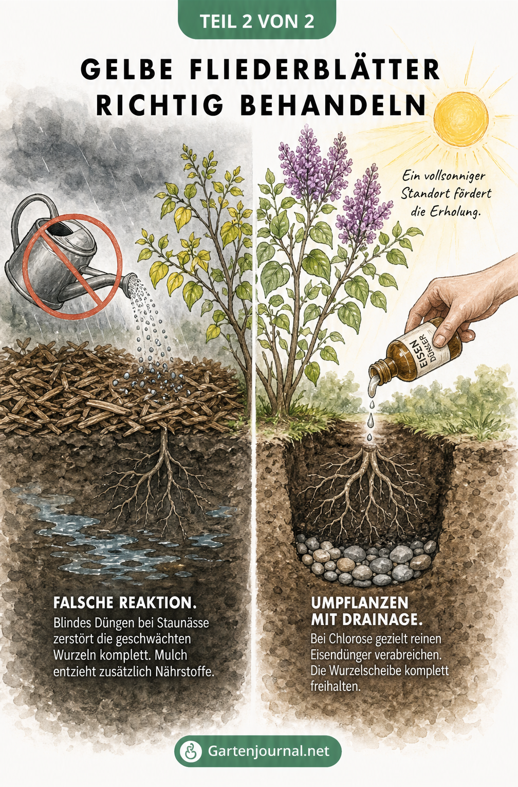 Querschnitt-Illustration eines Gartenbodens, die falsche Pflege wie Mulch und Staunässe der richtigen Behandlung mit Drainage und Eisendünger gegenüberstellt.