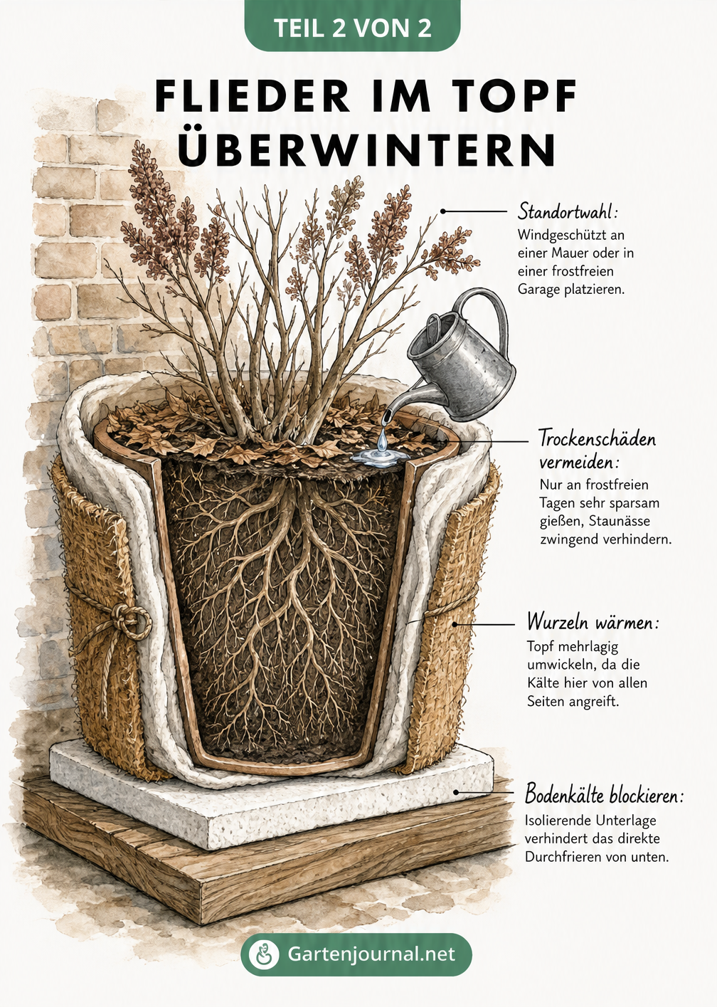 Schnittzeichnung eines Flieders im Topf mit isolierender Unterlage, Kokosmatte und Gartenvlies als Winterschutz