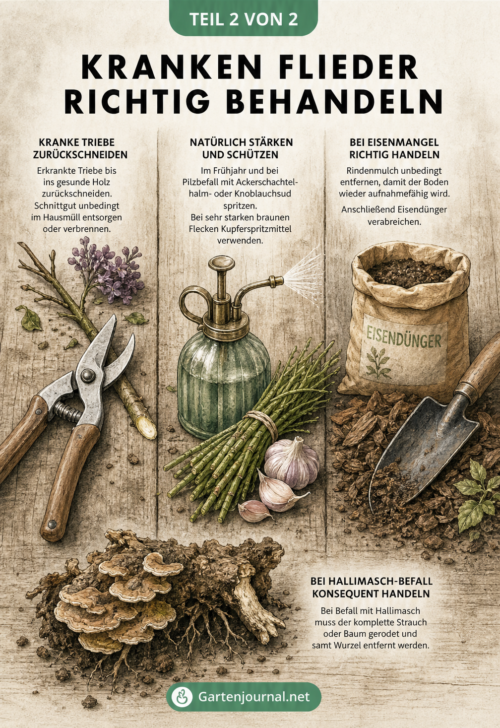 Illustration eines Pflanztisches mit Gartenschere, krankem Fliederast, Sprühflasche mit Ackerschachtelhalm, Knoblauch, Eisendünger und einer von Pilzen...