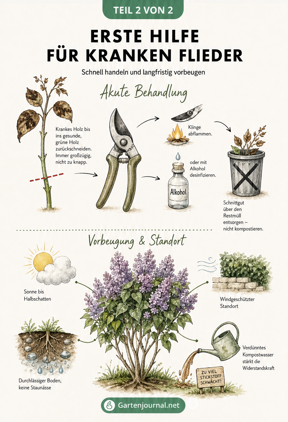 Illustration zur Behandlung von krankem Flieder: Rückschnitt ins gesunde Holz, Werkzeughygiene und Tipps zur Vorbeugung durch den richtigen Standort.
