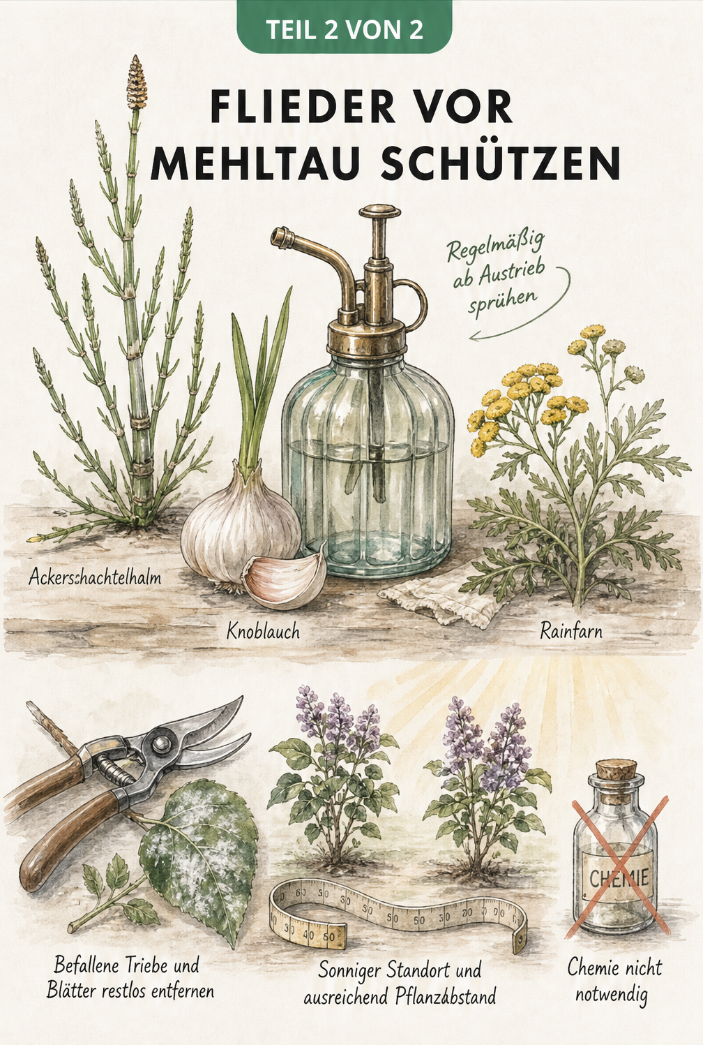 Illustration von Ackerschachtelhalm, Knoblauch und Rainfarn neben einer Sprühflasche sowie Gartenschere und Fliedersträuchern.