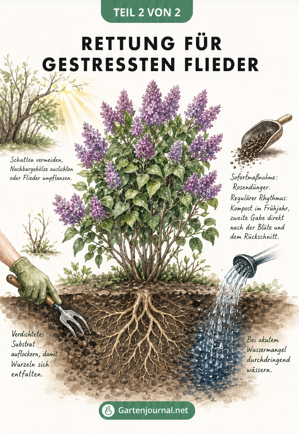 Illustration eines Fliederstrauchs mit Pflegemaßnahmen wie Boden lockern, wässern, auslichten und düngen