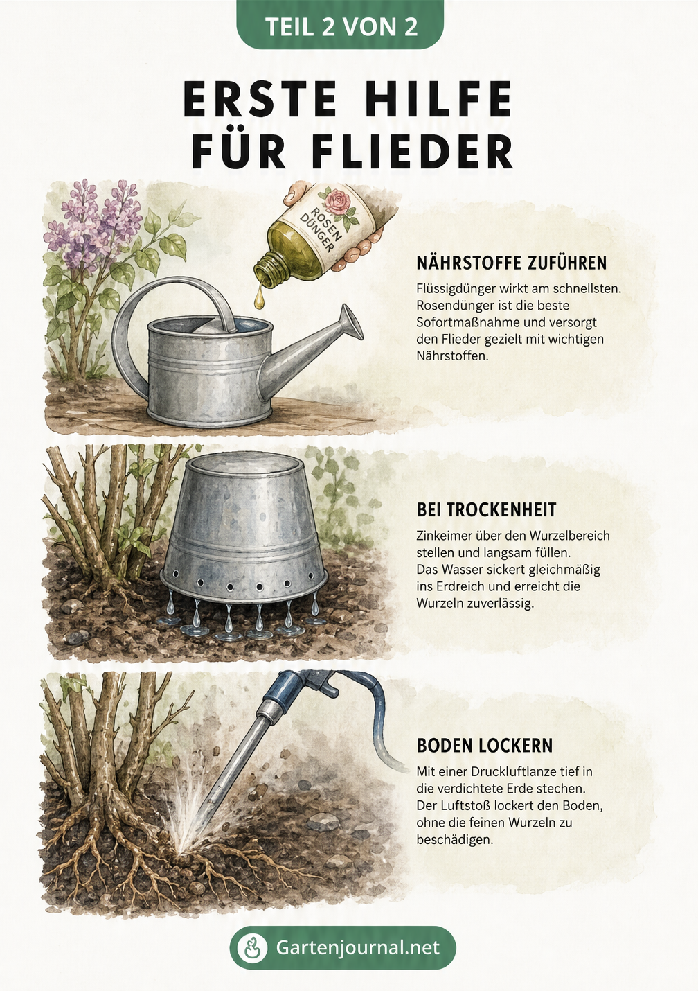 Drei Illustrationen zur Ersten Hilfe bei Flieder: Düngen mit Rosendünger, Bewässerung mit einem durchlöcherten Eimer und Bodenlockerung mit einer...