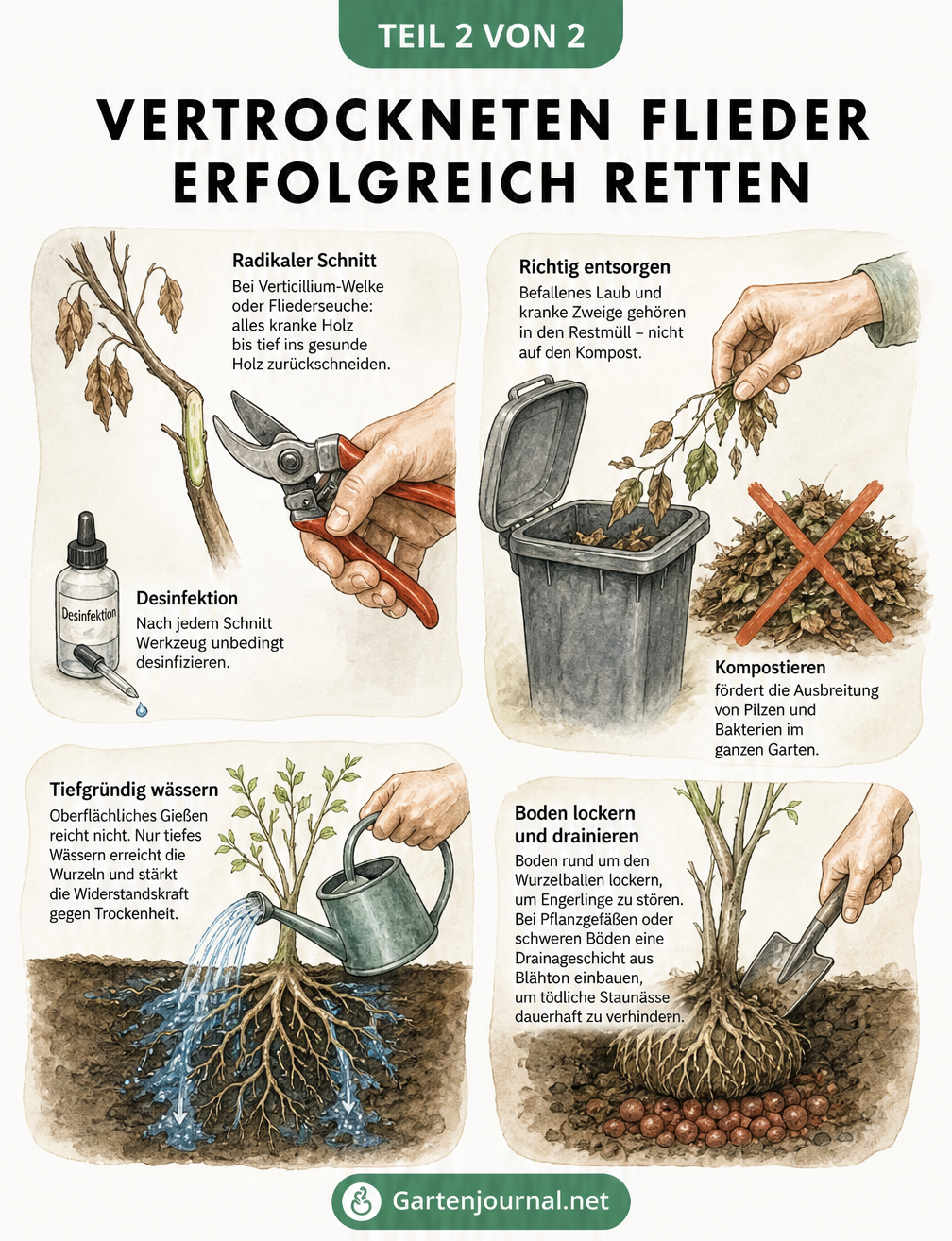 Illustration von Gärtnerhänden, die kranke Fliederzweige abschneiden, im Restmüll entsorgen, tiefgründig wässern und den Boden auflockern.