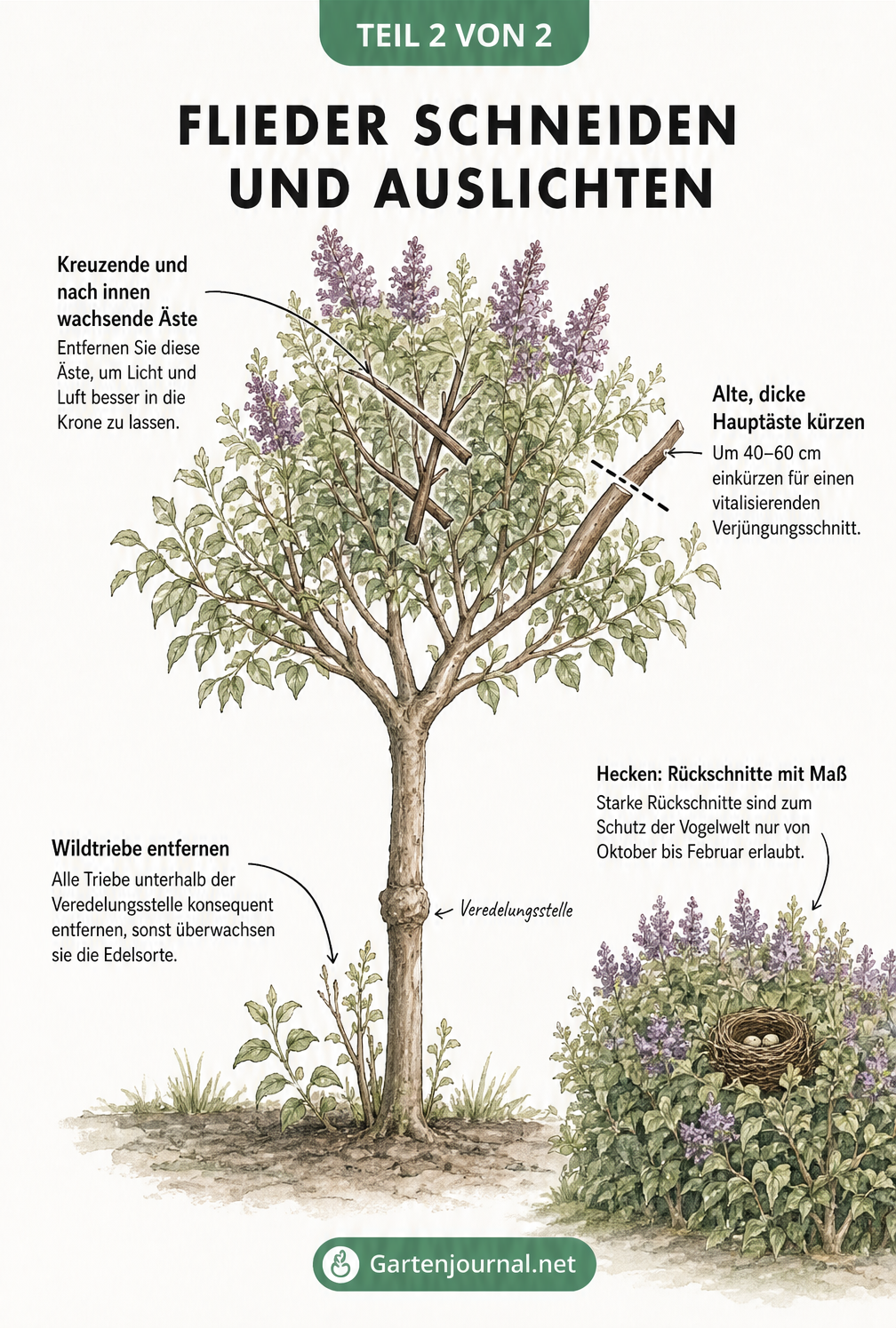 Illustration eines Flieder-Hochstämmchens mit Markierungen zum Auslichten, Verjüngen und Entfernen von Wildtrieben