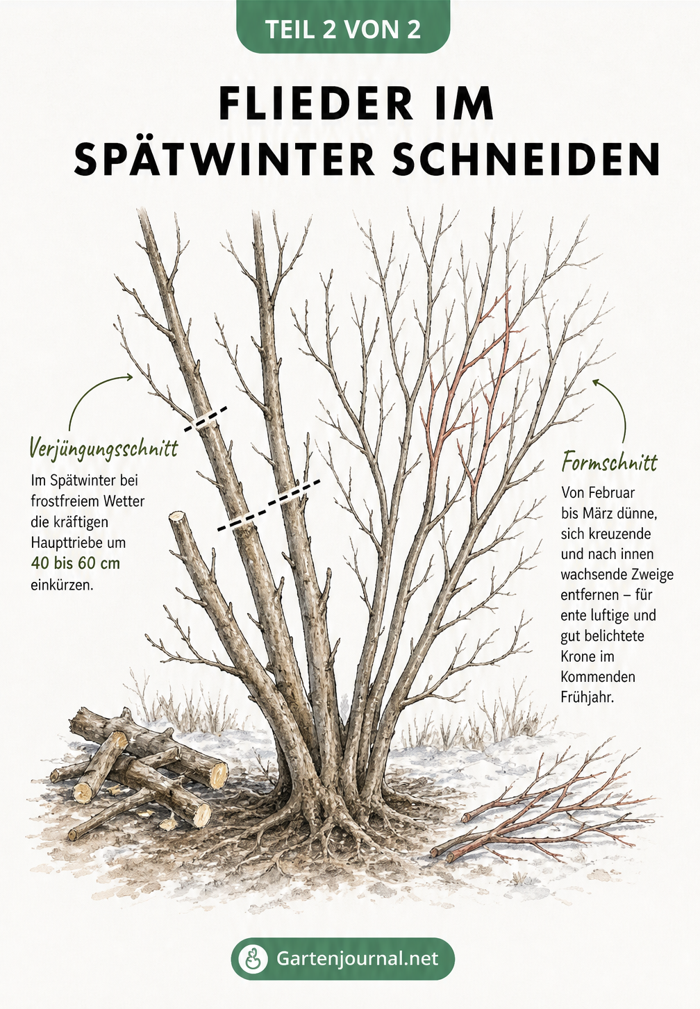 Zeichnung eines unbelaubten Fliederstrauchs, die den Verjüngungsschnitt der Haupttriebe und den Formschnitt dünner Zweige im Spätwinter zeigt
