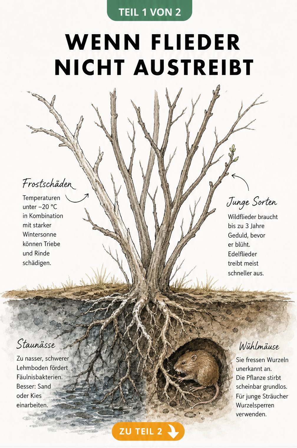Botanische Querschnitt-Illustration eines Fliederstrauchs mit Frostschäden an Ästen, Staunässe im Lehmboden und Wühlmaus an den Wurzeln.