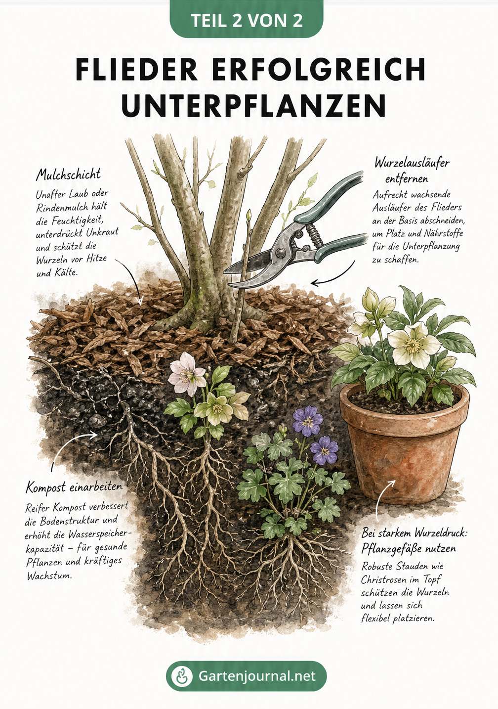 Illustration zur Bodenpflege am Fliederstamm mit Mulchschicht, Kompost, Gartenschere beim Durchtrennen eines Wurzelausläufers und einer Christrose im Topf.