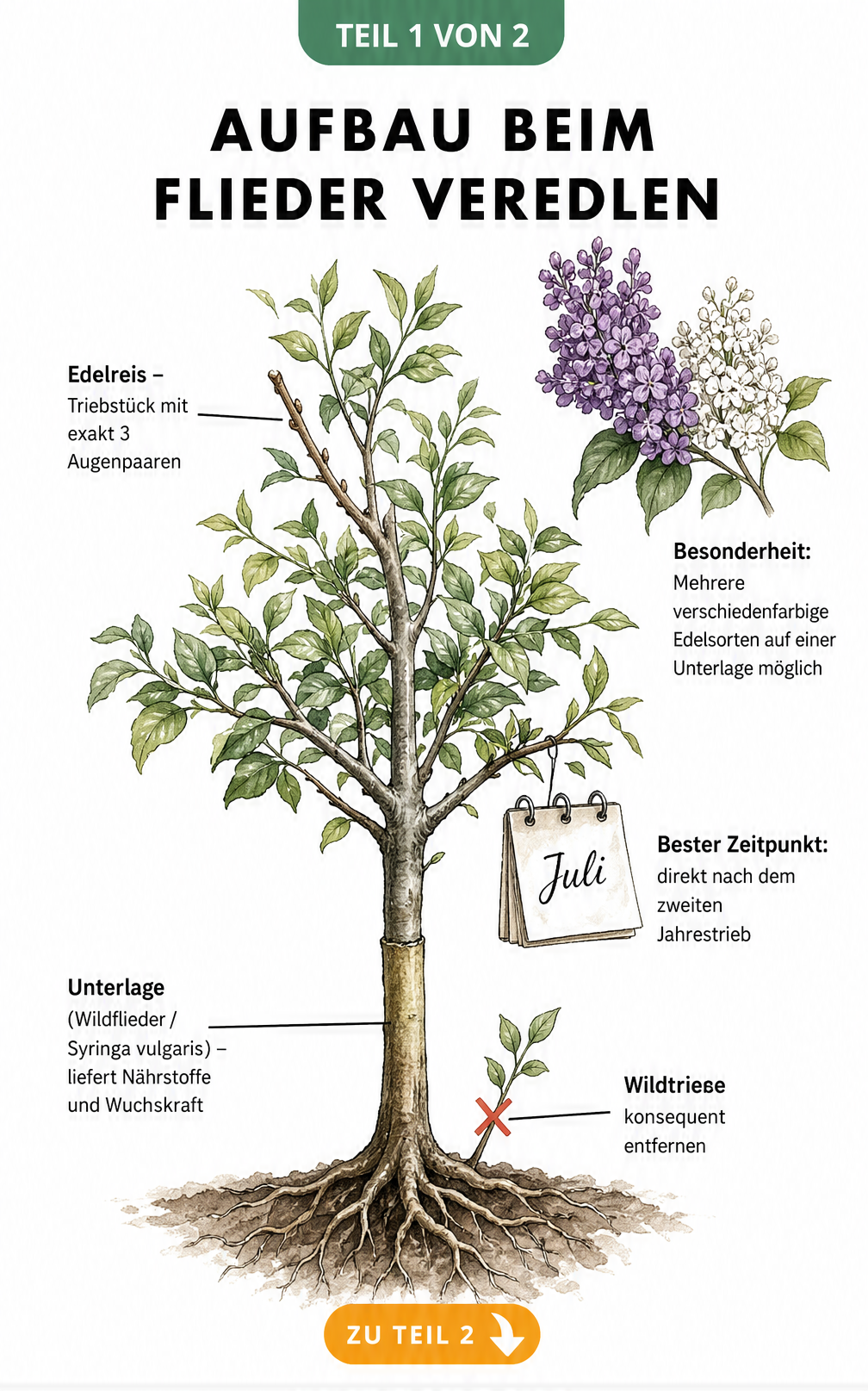 Botanische Illustration eines Flieder-Hochstämmchens mit Unterlage und Edelreis