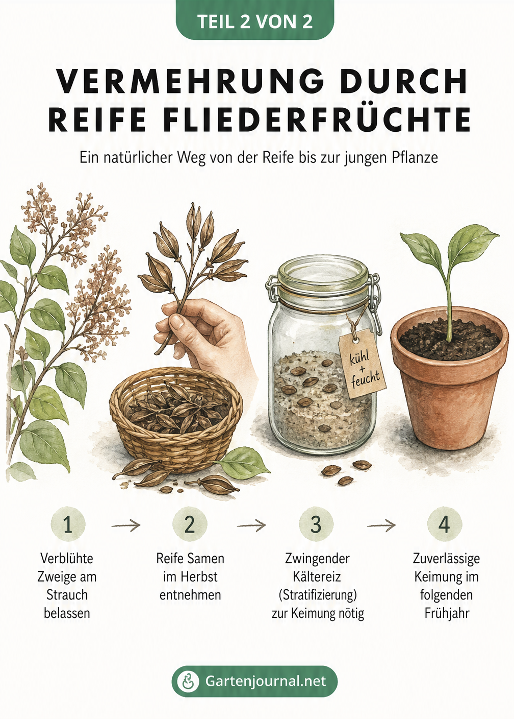 Storyboard zur Vermehrung von Flieder durch Samen von der Ernte bis zur Keimung