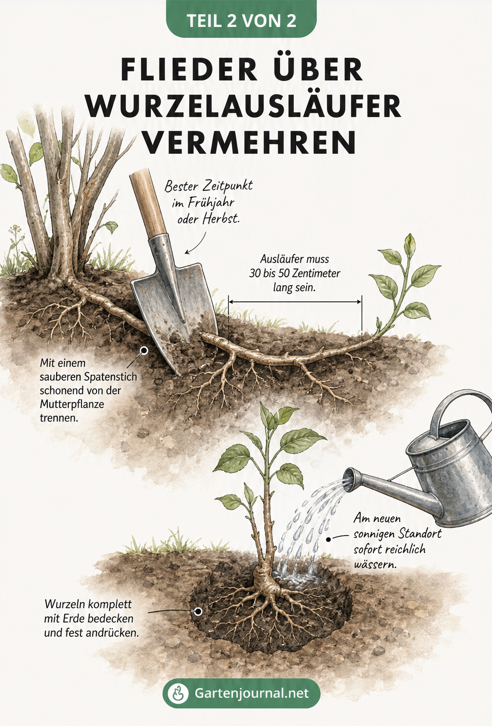 Illustration der Vermehrung von Flieder durch das Abtrennen und Einpflanzen eines Wurzelausläufers