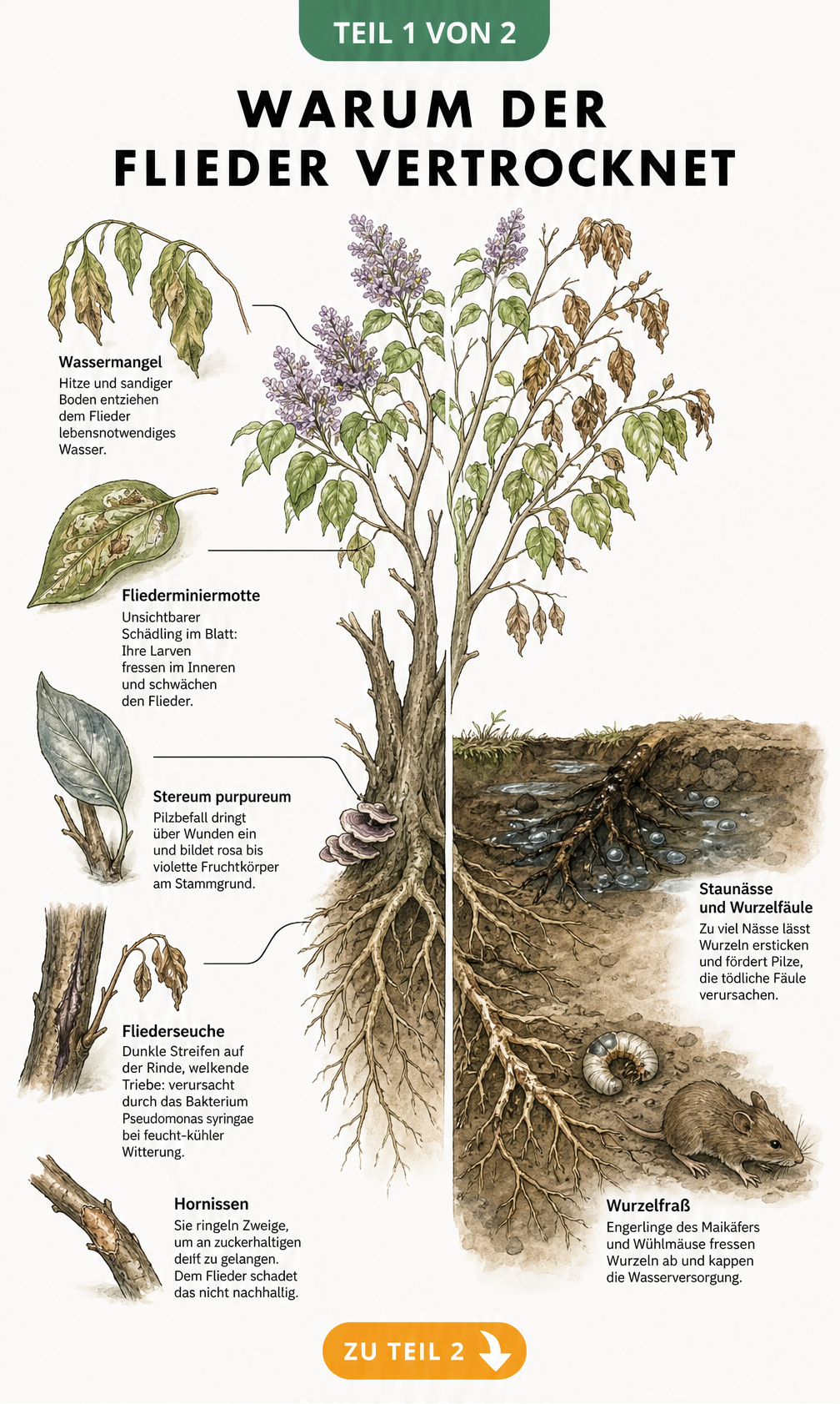 Botanische Illustration eines kranken Flieders, die Ursachen wie Wassermangel, Fliederminiermotte, Pilze, Fliederseuche und Wurzelfäule zeigt.