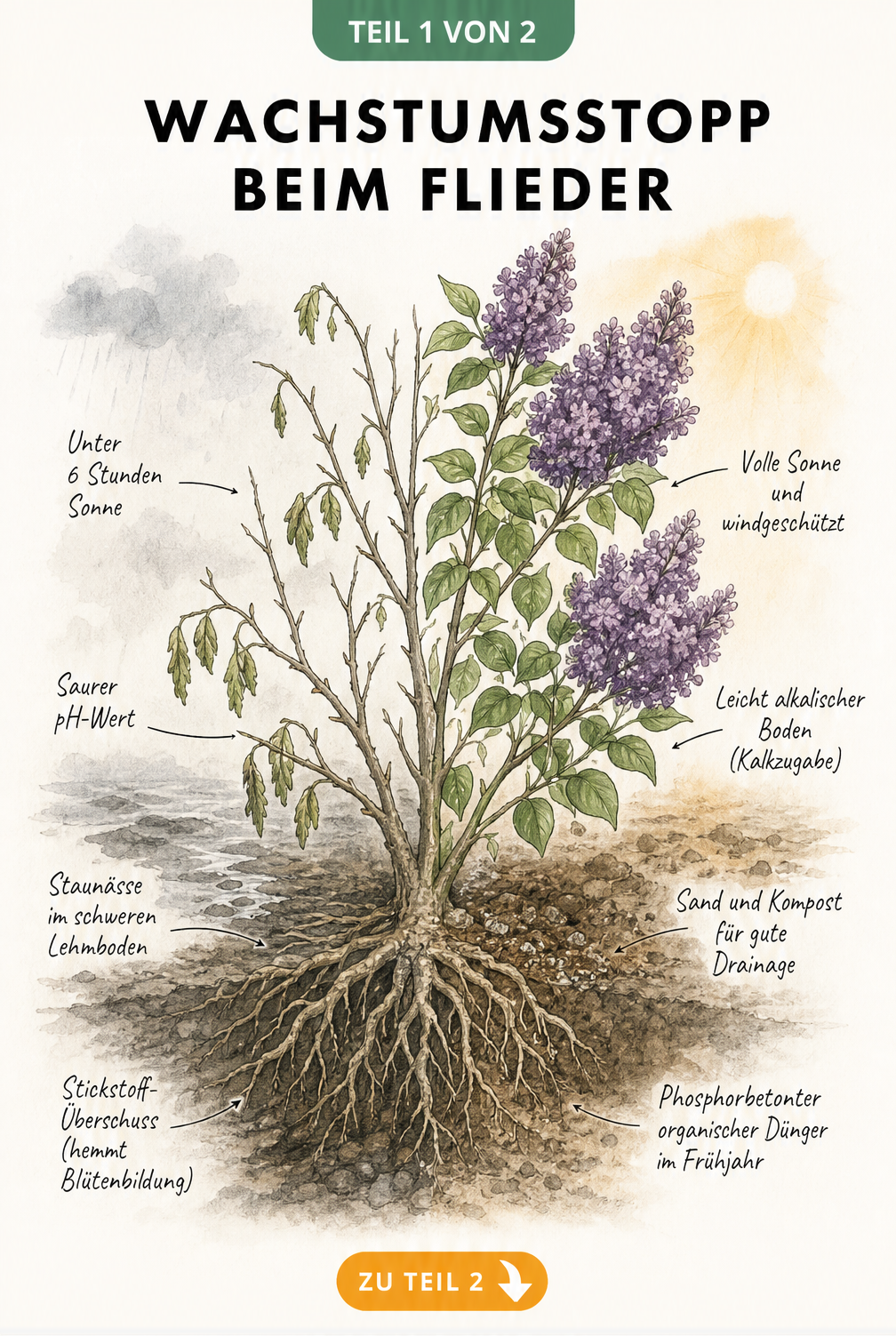 Botanische Illustration eines Fliederstrauchs mit Wurzelballen, die Kümmerwuchs durch Schatten und Staunässe im Vergleich zu kräftigem Wachstum bei Sonne und...