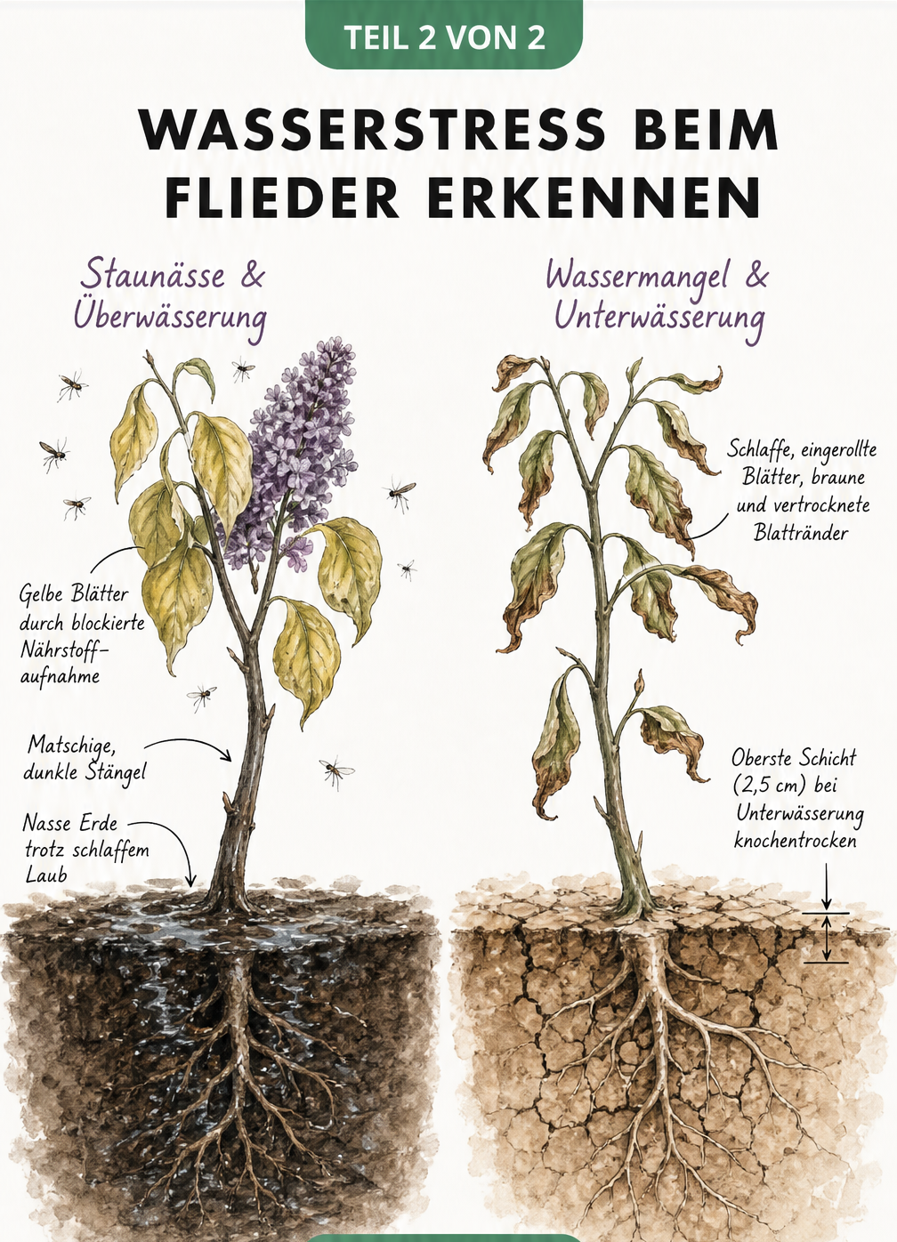Aquarell-Zeichnung zweier Fliederzweige, die die Symptome von Überwässerung und Wassermangel zeigen