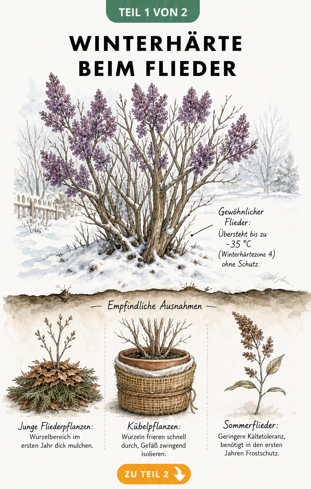 Botanische Illustration eines winterharten Flieders im Schnee mit Skizzen zum Frostschutz für Jungpflanzen, Kübel und Sommerflieder