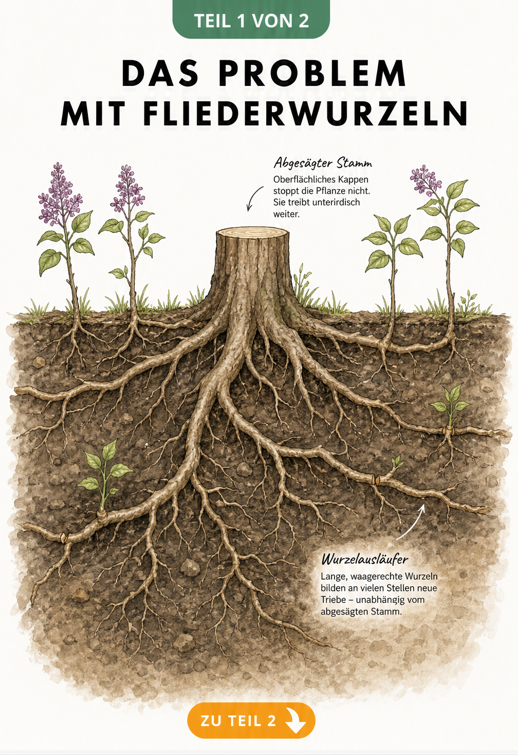 Botanische Querschnittszeichnung eines abgesägten Fliederstamms mit weitreichendem Wurzelsystem und neuen Trieben