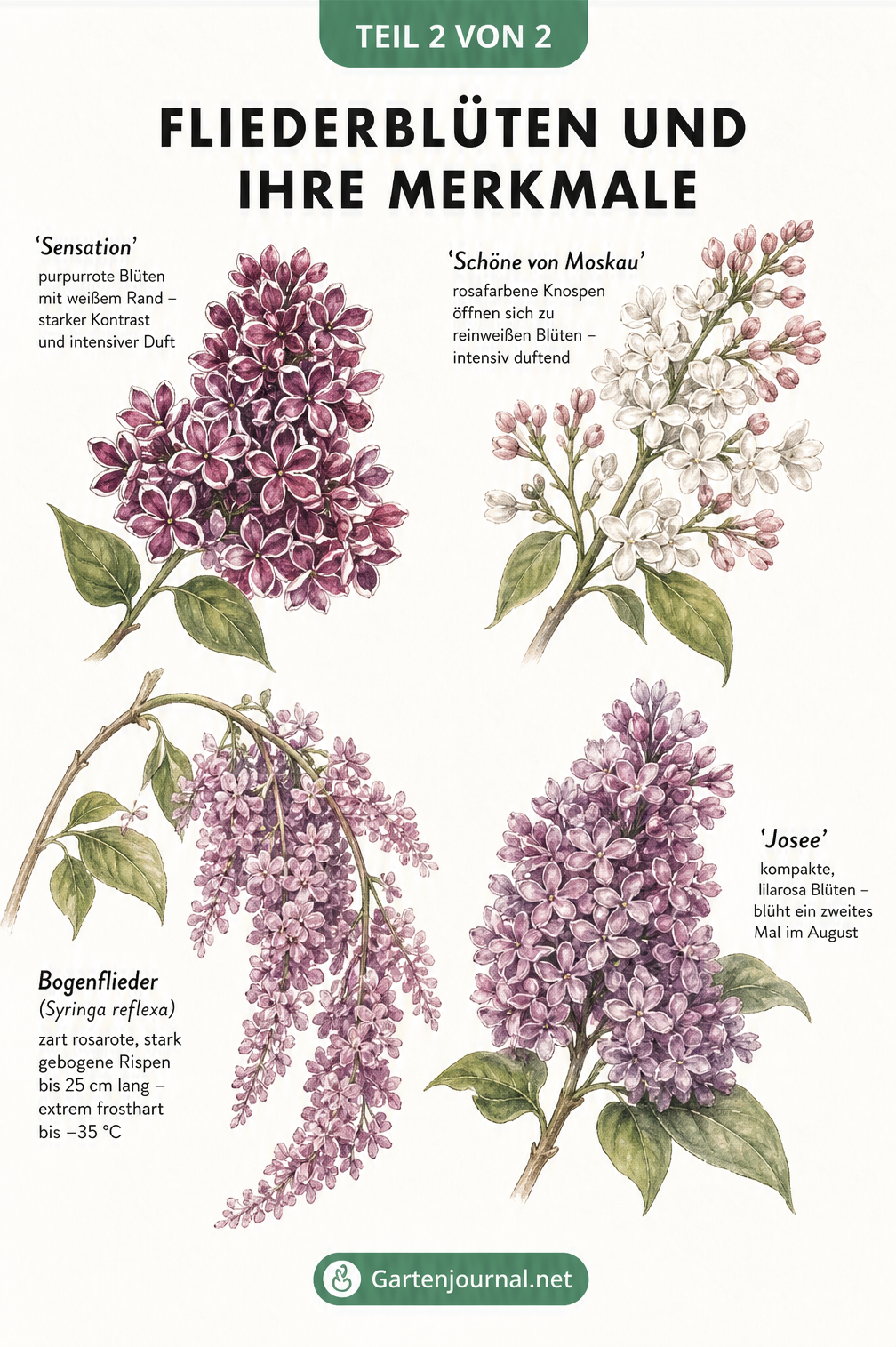 Botanische Illustration von vier Fliederblüten der Sorten Sensation, Schöne von Moskau, Bogenflieder und Josee.