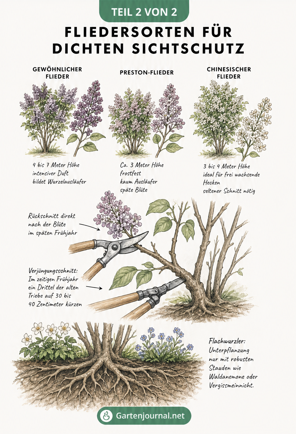 Botanische Illustration von Fliedersorten und Anleitung zum Rückschnitt