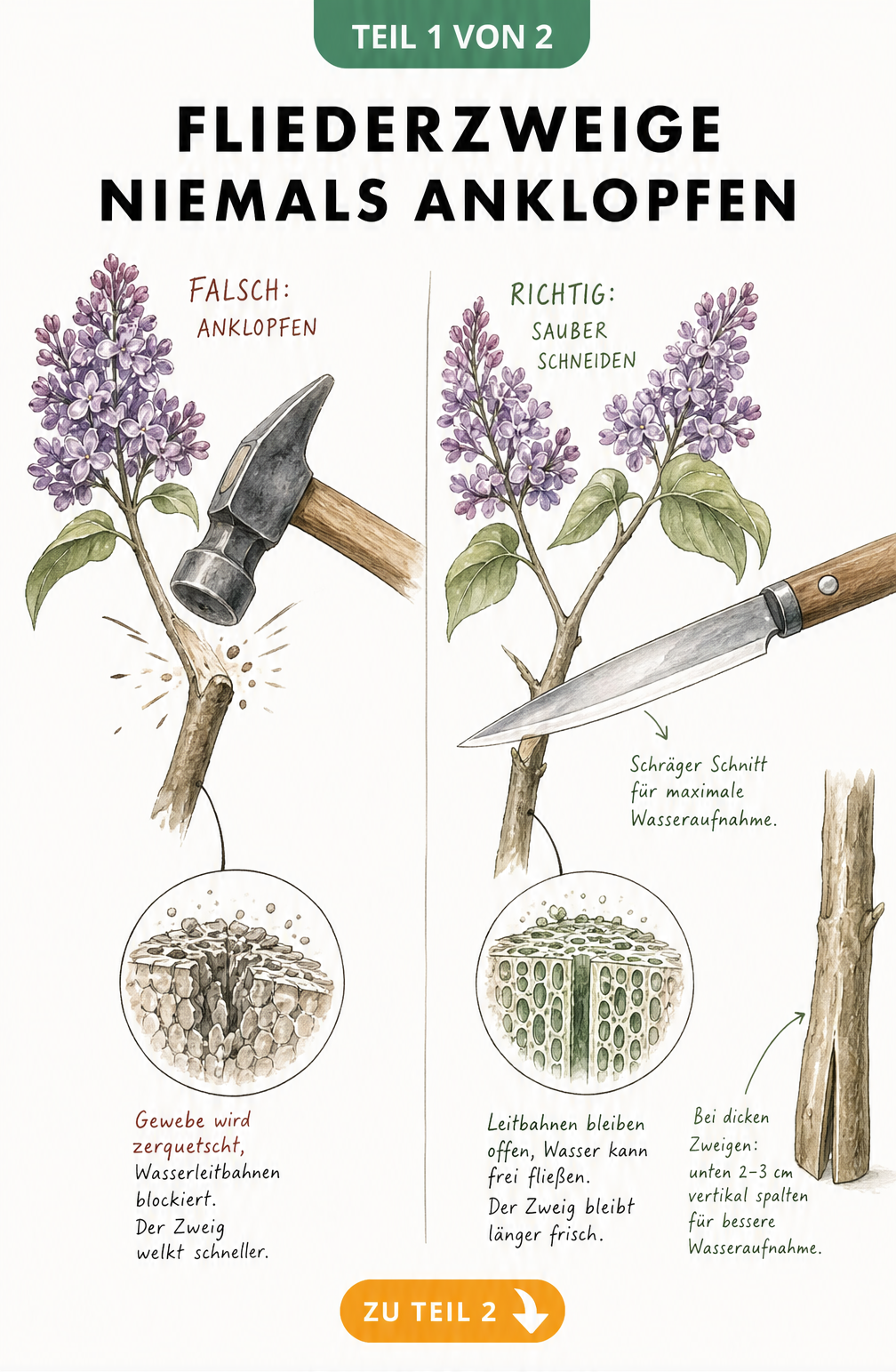 Illustration: Falsches Anklopfen von Fliederzweigen mit einem Hammer im Vergleich zum richtigen schrägen Anschnitt mit einem Messer.
