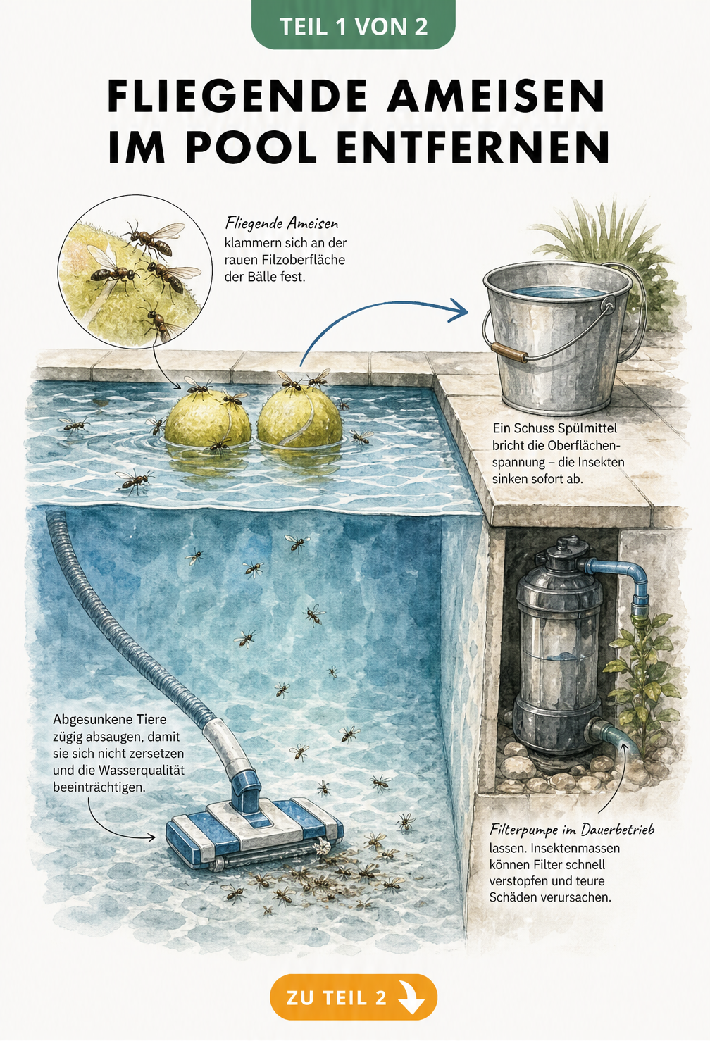 Querschnitt eines Pools mit Tennisbällen auf der Wasseroberfläche, einem Eimer mit Spülmittel am Rand und einem Poolsauger unter Wasser zur Entfernung...