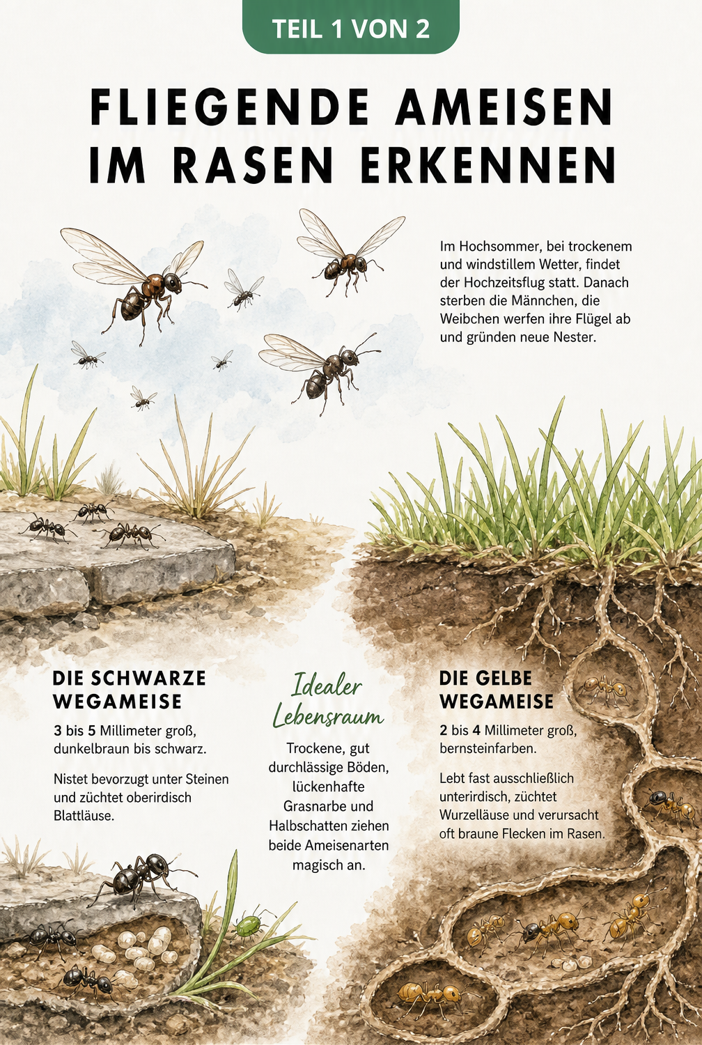 Querschnitt eines Rasens mit fliegenden Ameisen, der Schwarzen Wegameise an der Oberfläche und der Gelben Wegameise im Erdreich.