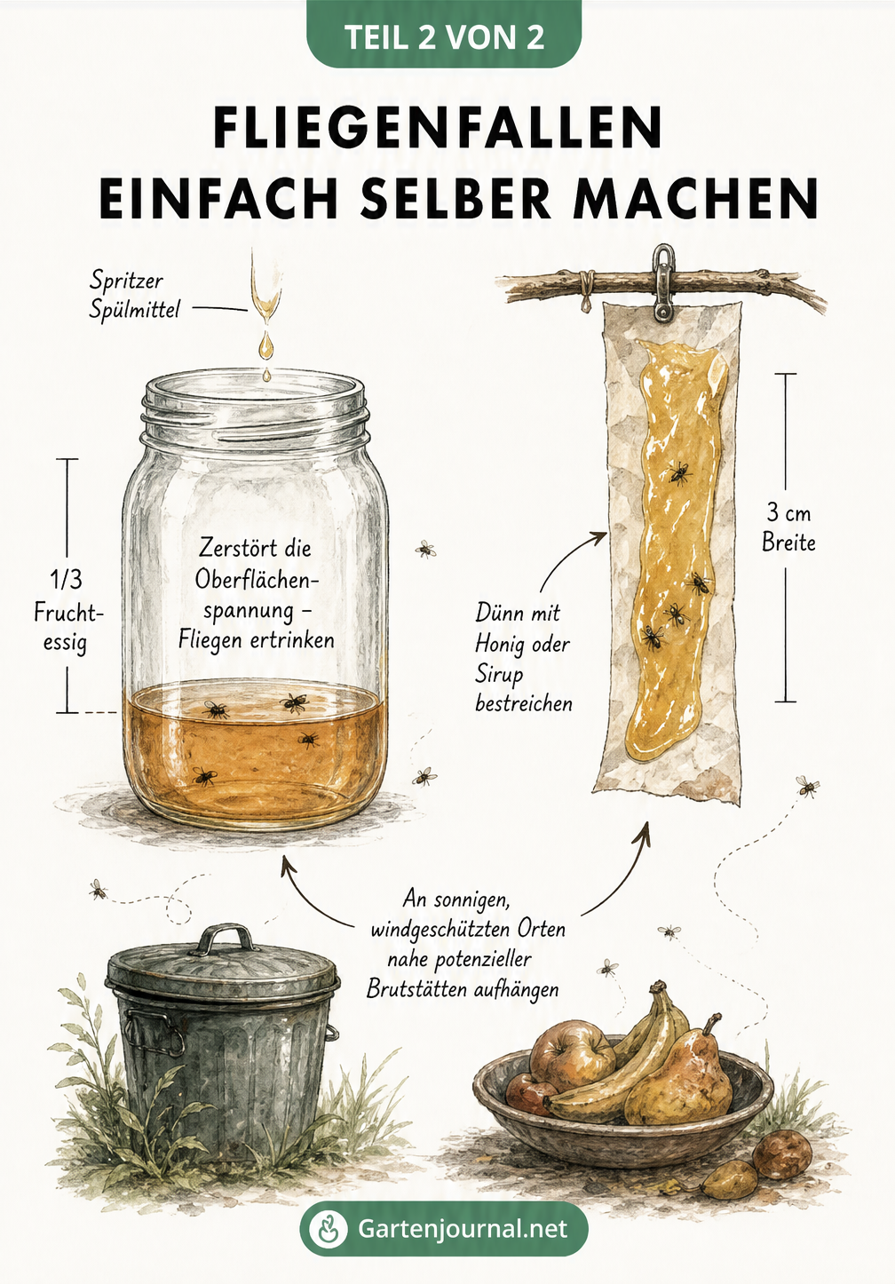 Querschnitt-Zeichnung von zwei selbstgebauten Fliegenfallen: Ein Glas mit Fruchtessig und Spülmittel sowie ein klebriger Backpapierstreifen mit Honig