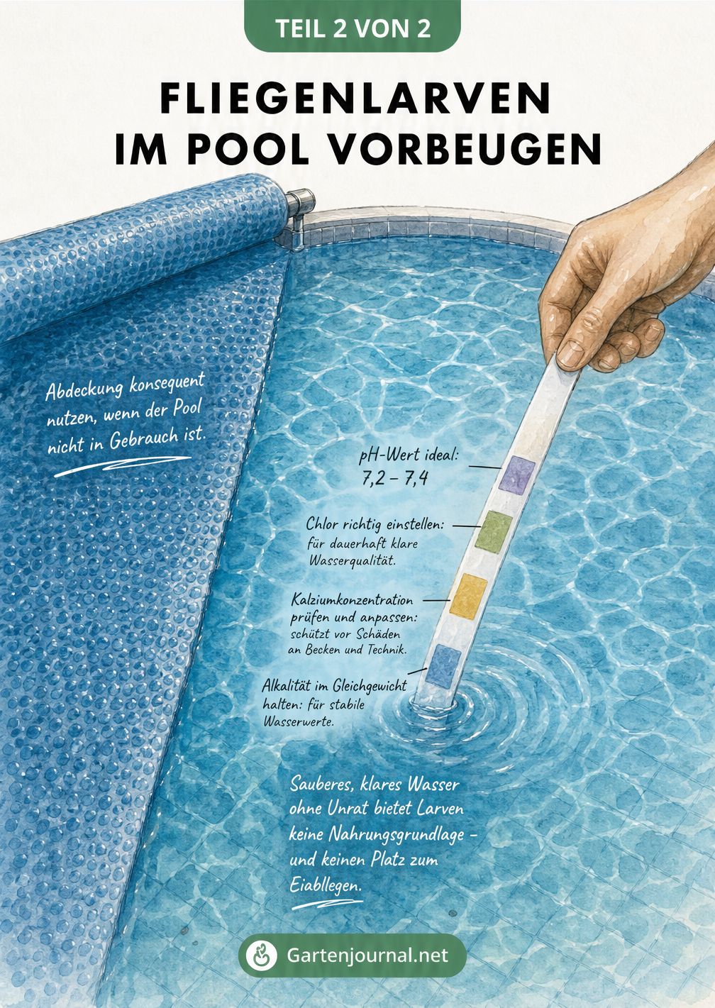 Poolabdeckung und Wasserteststreifen zur Vorbeugung von Fliegenlarven im Schwimmbecken