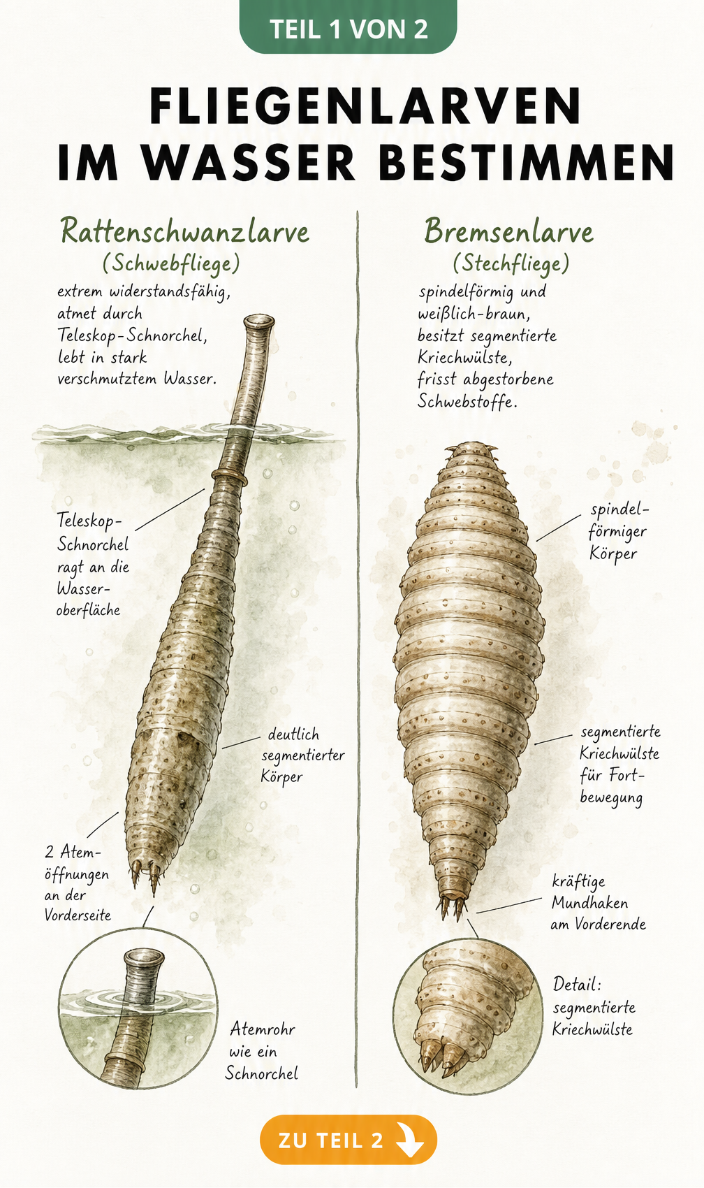Illustration einer Rattenschwanzlarve der Schwebfliege und einer Bremsenlarve der Stechfliege mit Beschriftungen
