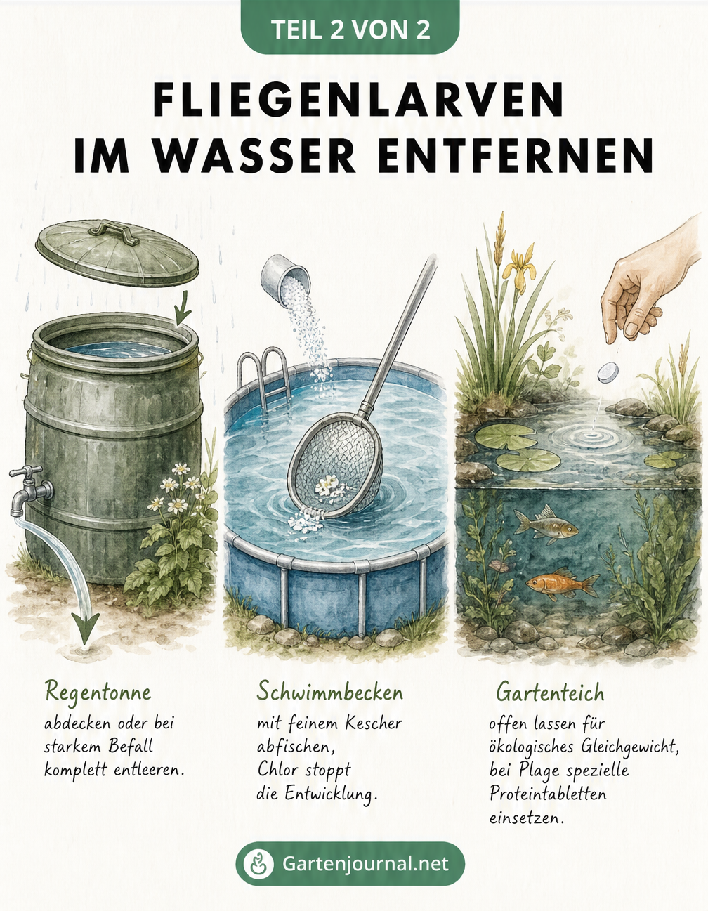 Aquarell-Illustration zur Entfernung von Fliegenlarven aus Regentonne, Schwimmbecken und Gartenteich