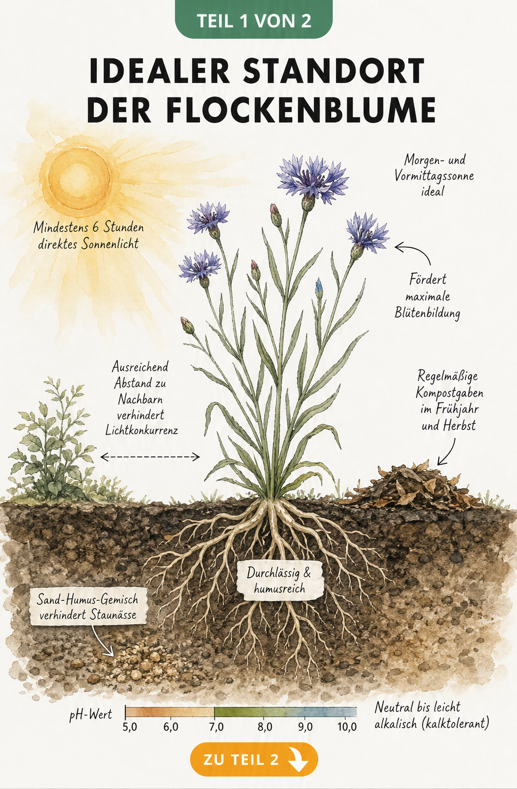 Illustration eines Gartenbeets mit einer blühenden Flockenblume, die Sonneneinstrahlung und das Wurzelwerk im Boden zeigt