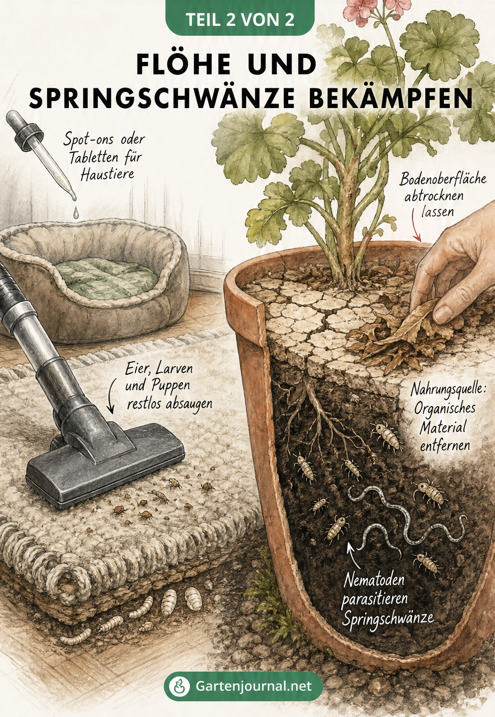 Illustration zur Bekämpfung von Flöhen im Wohnraum und Springschwänzen im Blumentopf