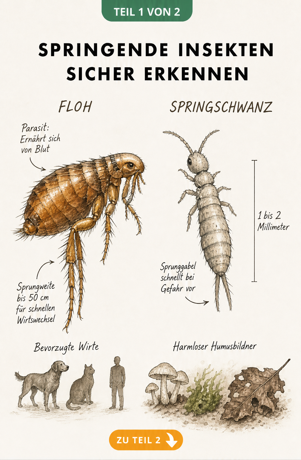 Illustration eines Flohs und eines Springschwanzes mit anatomischen Details und Hinweisen zu Sprungweite und Nahrungsquellen