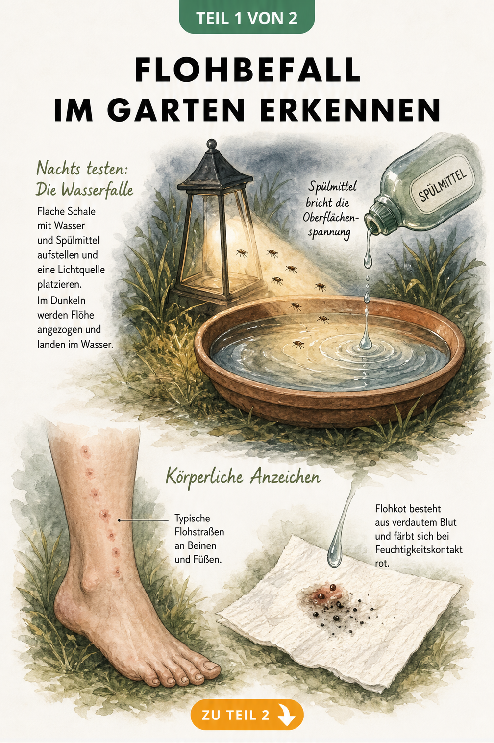 Illustration einer Wasserfalle mit Spülmittel und Flohstichen an einem Bein zum Erkennen von Flöhen im Garten