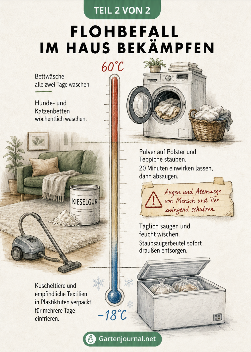 Illustration einer Temperaturachse zur Flohbekämpfung im Haus mit Waschmaschine, Kieselgur und Tiefkühltruhe