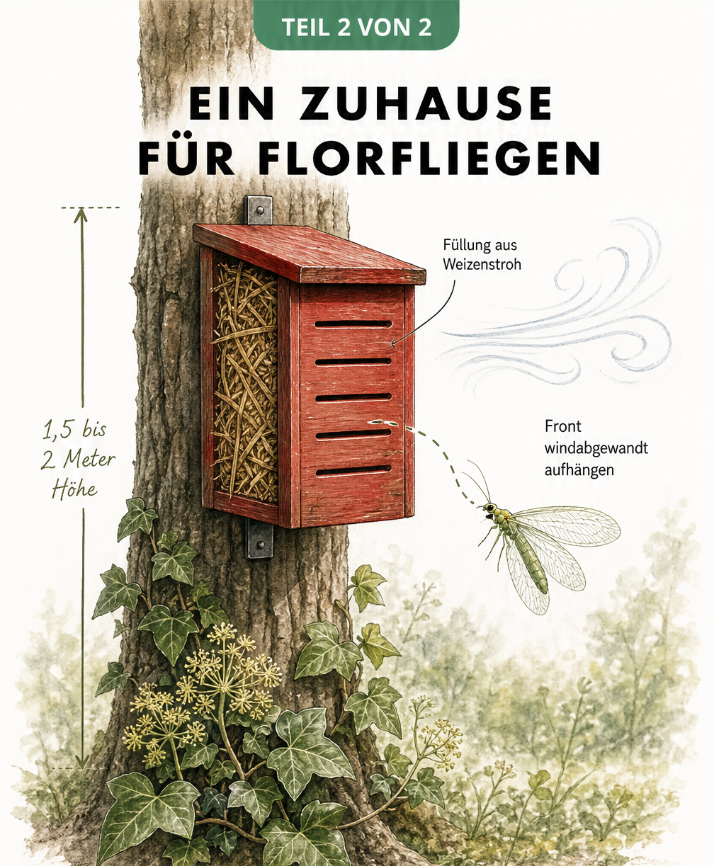 Schnittdarstellung eines roten Überwinterungskastens aus Holz für Florfliegen, gefüllt mit Weizenstroh.