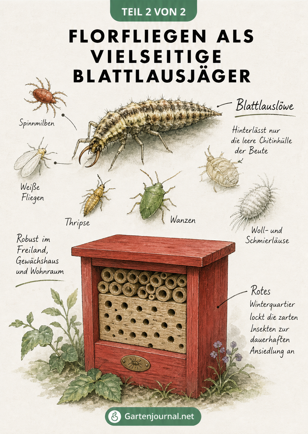 Vintage-Schautafel einer Florfliegenlarve, umgeben von Spinnmilben, Weißen Fliegen, Thripsen, Wanzen und Wollläusen, mit einem roten Insektenkasten als...