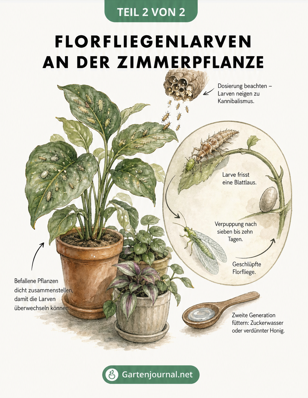 Zeichnung von Florfliegenlarven auf einer Zimmerpflanze mit Blattläusen