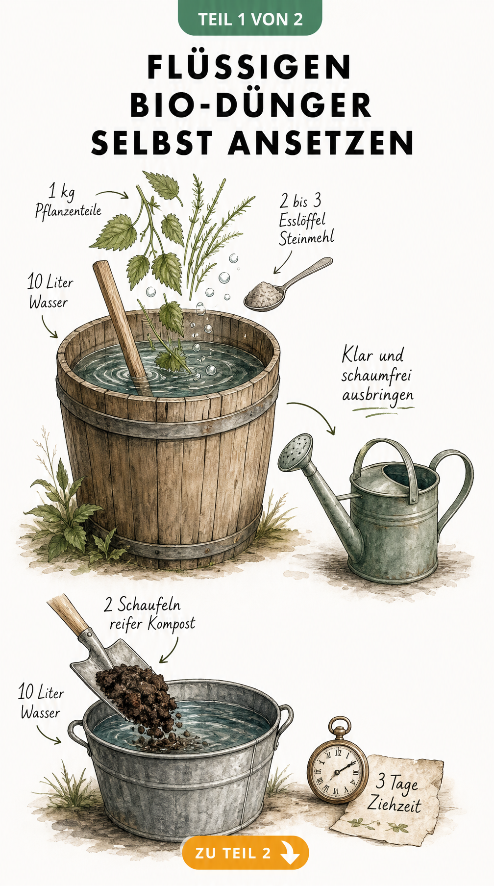 Illustration zur Herstellung von flüssigem Bio-Dünger aus Pflanzen und Kompost