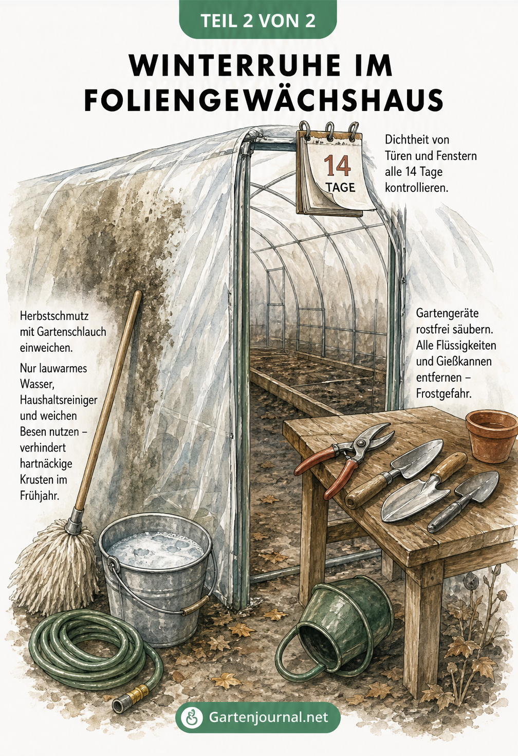 Illustration eines geöffneten Foliengewächshauses mit Putzutensilien und gereinigten Gartengeräten