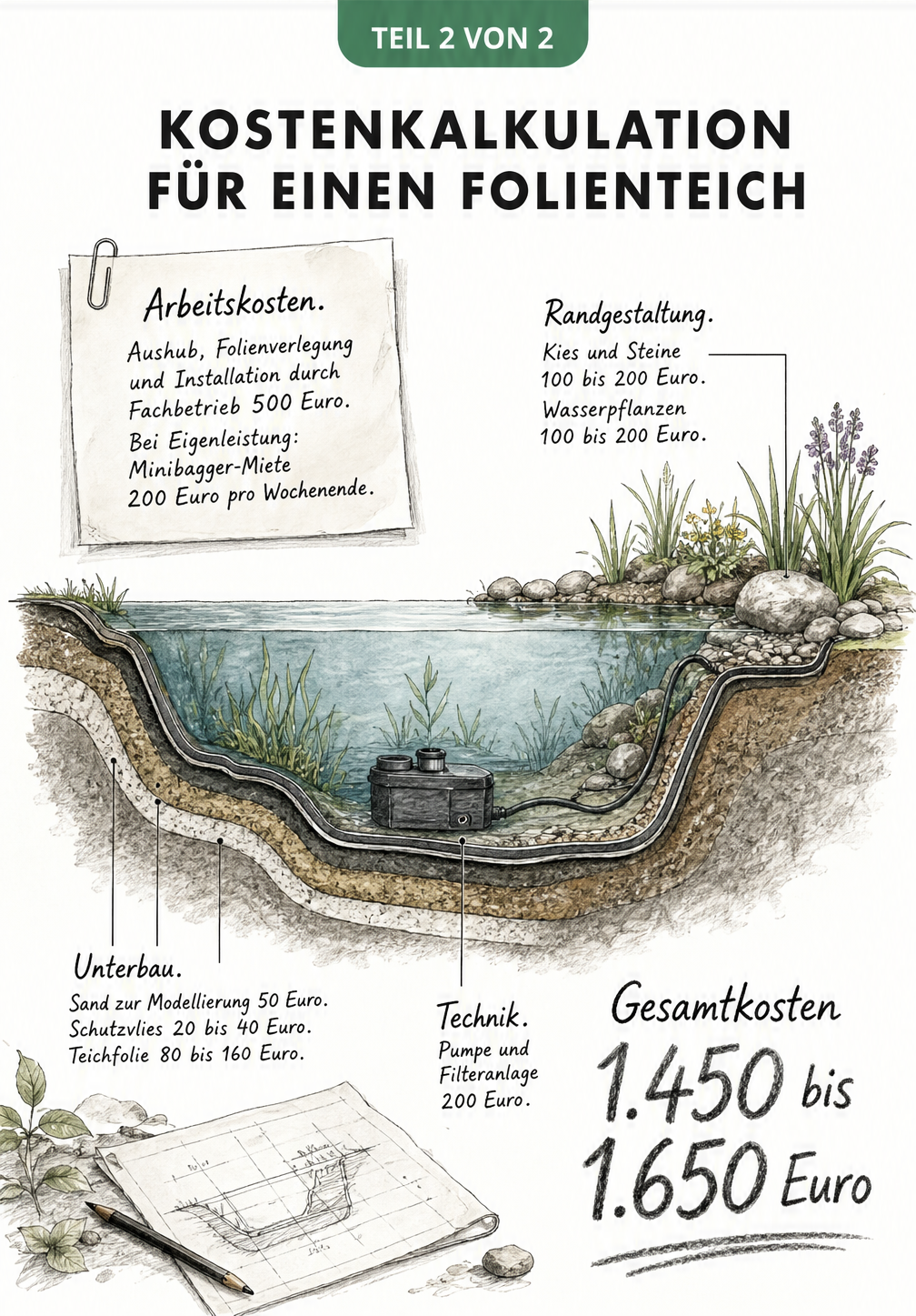 Architektonischer Querschnitt eines Folienteichs mit detaillierter Kostenaufstellung für Unterbau, Technik, Randgestaltung und Arbeitskosten