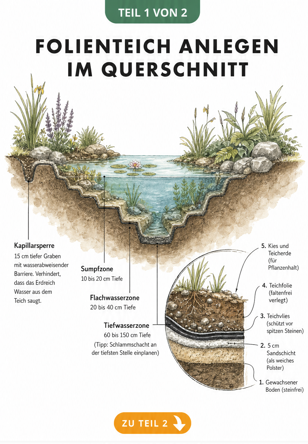 Querschnitt eines Folienteichs mit Sumpfzone, Flachwasserzone und Tiefwasserzone sowie Detailansicht des Bodenaufbaus