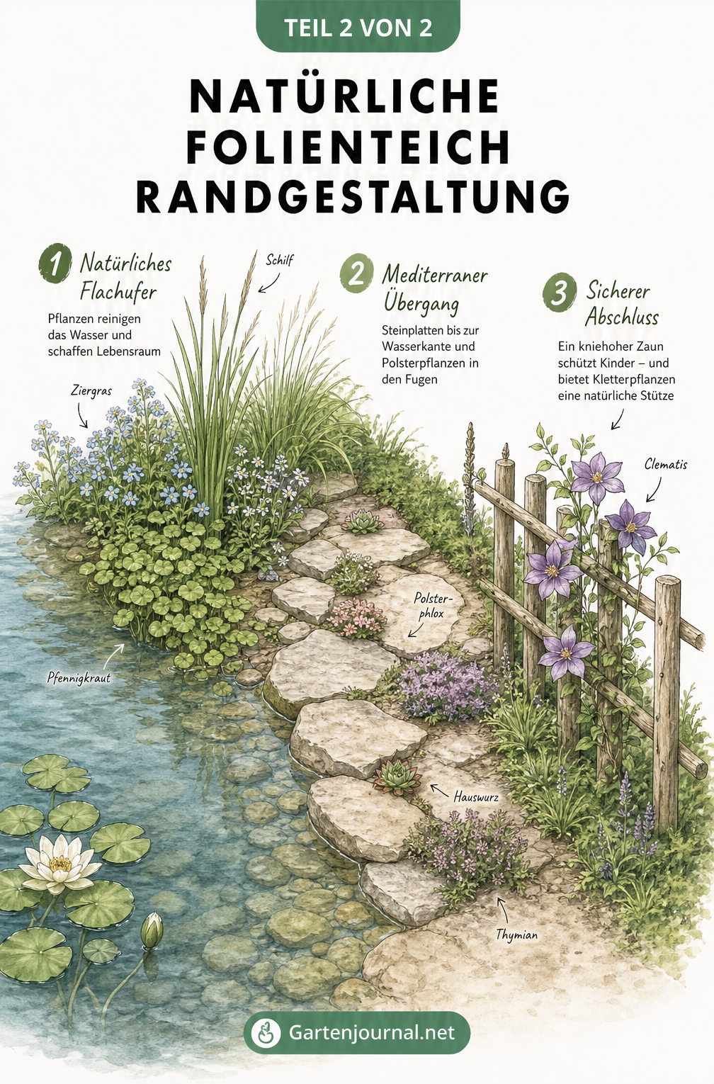 Isometrische Illustration eines Teichufers mit Sumpfpflanzen, Steinplatten und Holzzaun
