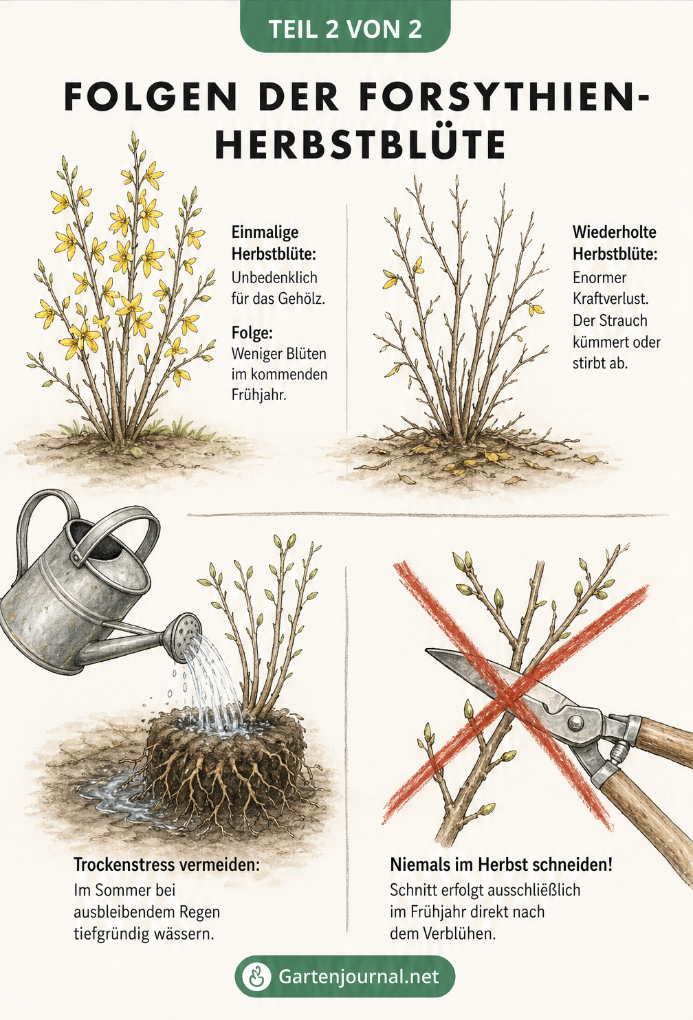 Schaubild zu den Folgen der Herbstblüte bei Forsythien: Einmalige Blüte ist unbedenklich, wiederholte schwächt den Strauch. Unten wird richtiges Gießen und das...