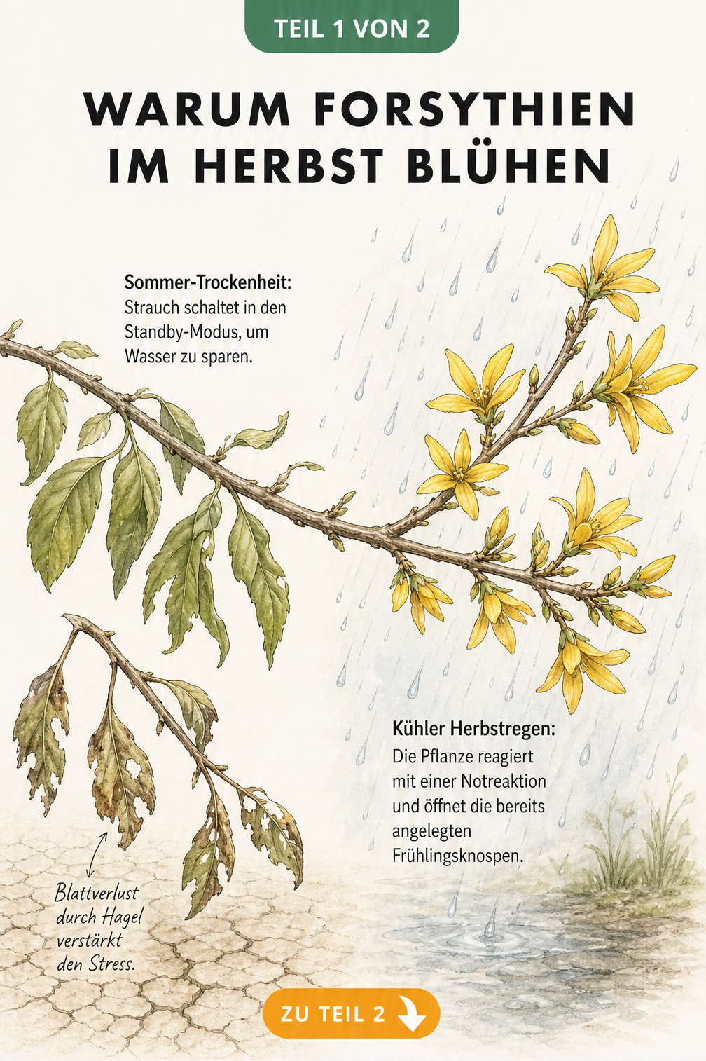 Botanische Illustration eines Forsythien-Zweigs, der links unter Sommertrockenheit leidet und rechts im kühlen Herbstregen blüht.